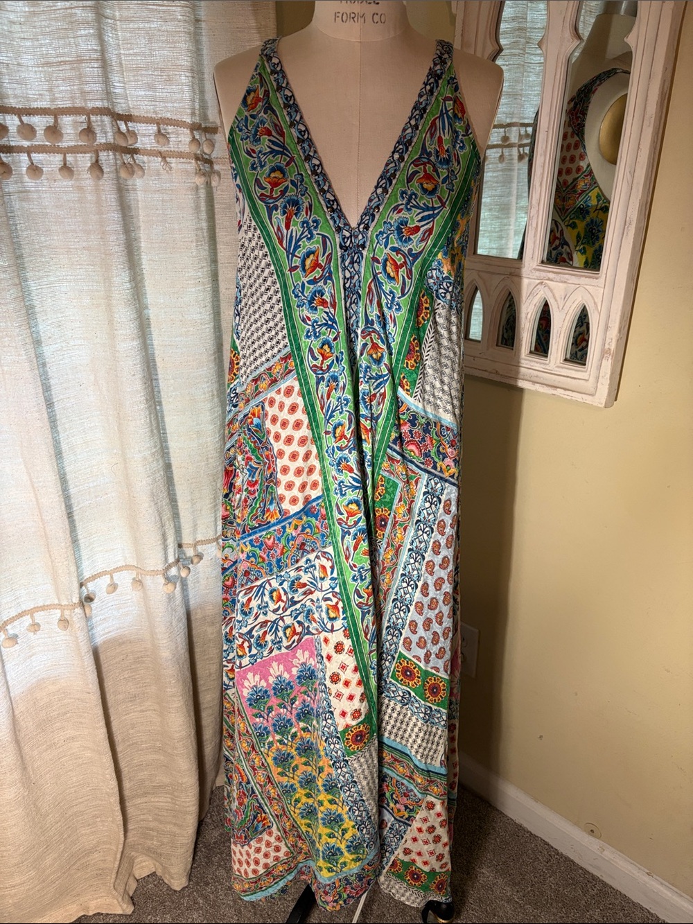 Johnny Was Green Multicolor Patchwork V-Neck Maxi Dress